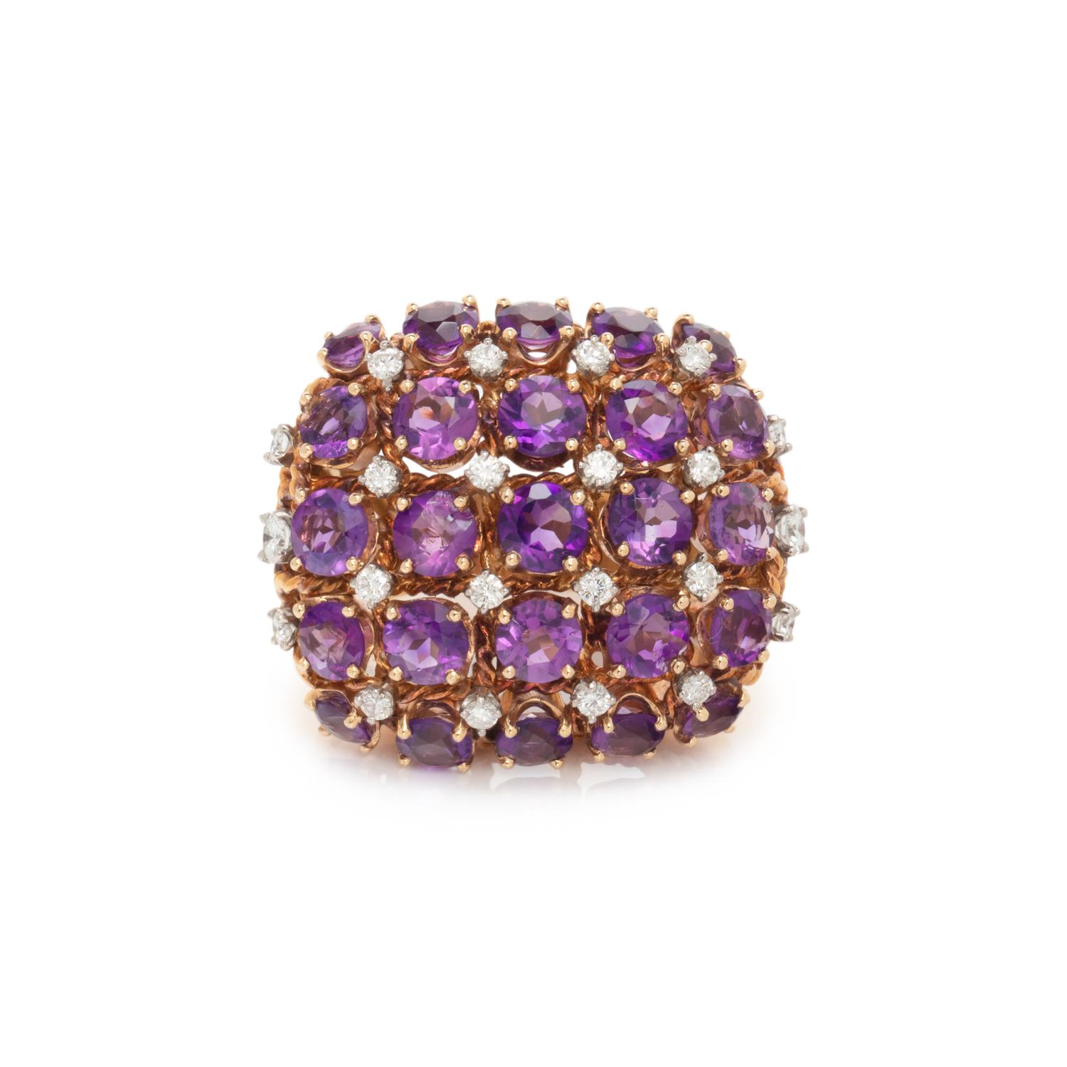 YELLOW GOLD, AMETHYST, AND DIAMOND RING