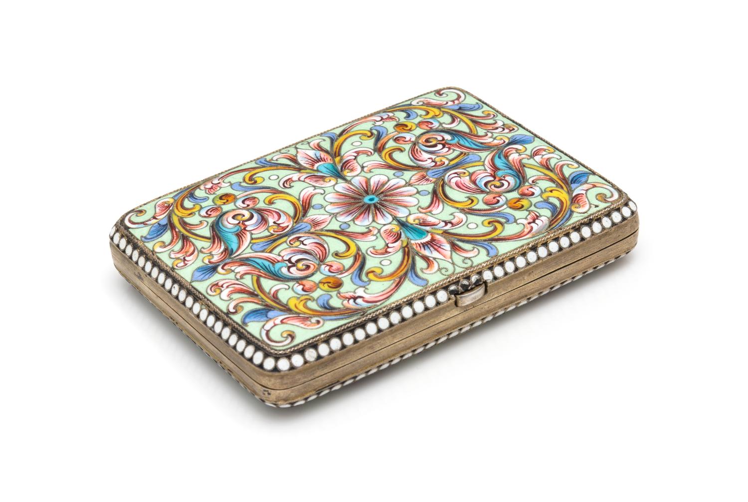A Russian Enameled Silver Cigarette Case, Maker's Mark Obscured, Assay of Ivan Lebedkin, Moscow, Late 19th/Early 20th Century, the case