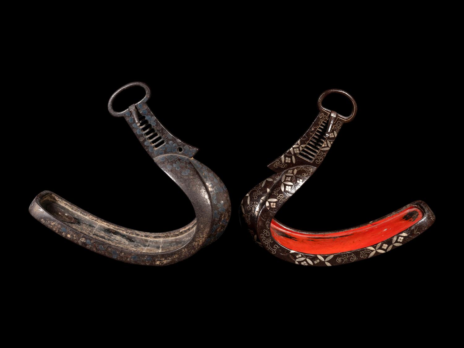 Two Pairs of Japanese Silver Inlaid Iron Stirrups, Abumi