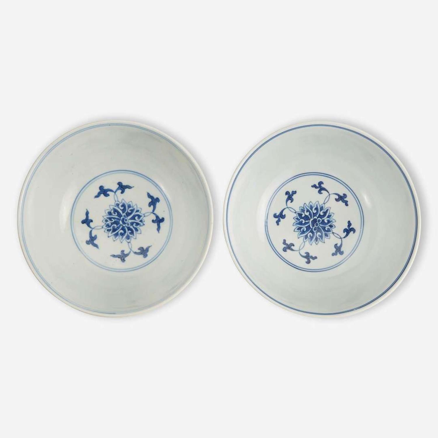 An associated pair of Chinese blue and white porcelain "Lotus" bowls 青花缠枝莲纹碗一对 Daoguang mark and probably of the period ??? ????