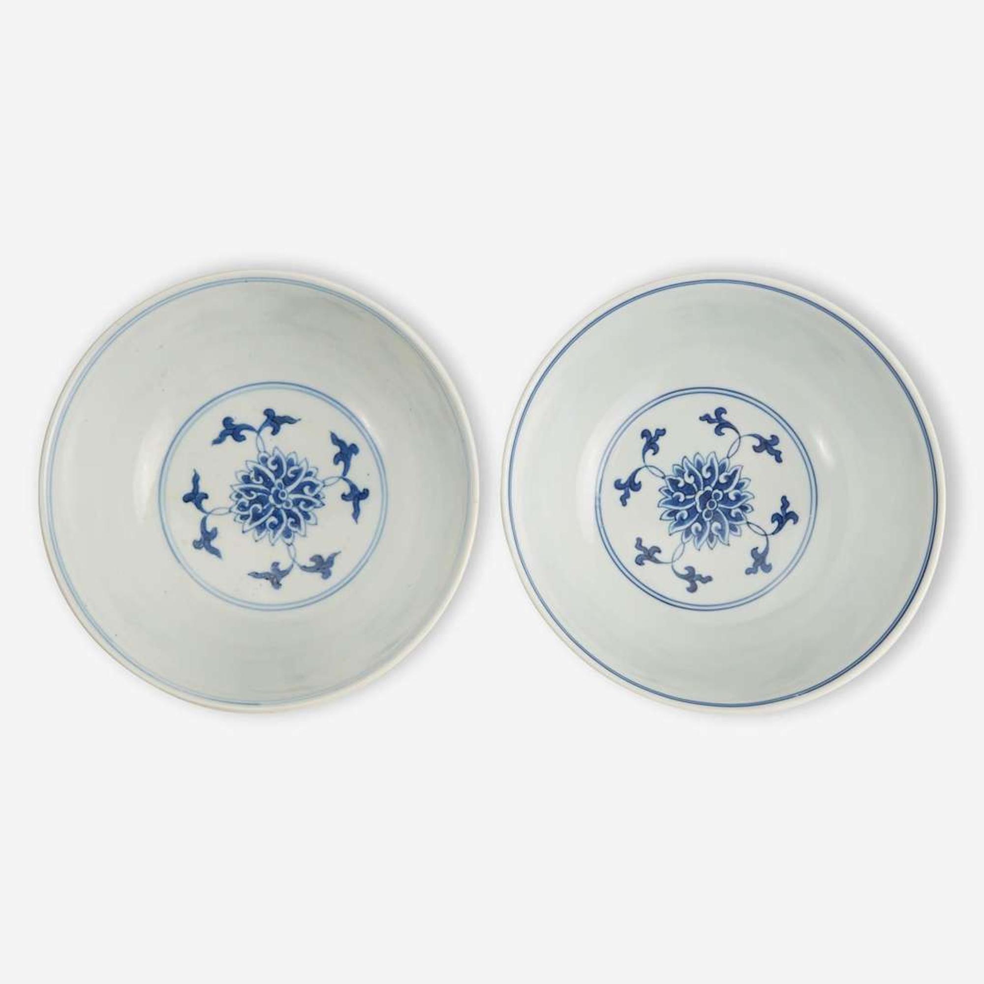 An associated pair of Chinese blue and white porcelain "Lotus" bowls 青花缠枝莲纹碗一对 Daoguang mark and probably of the period ??? ????