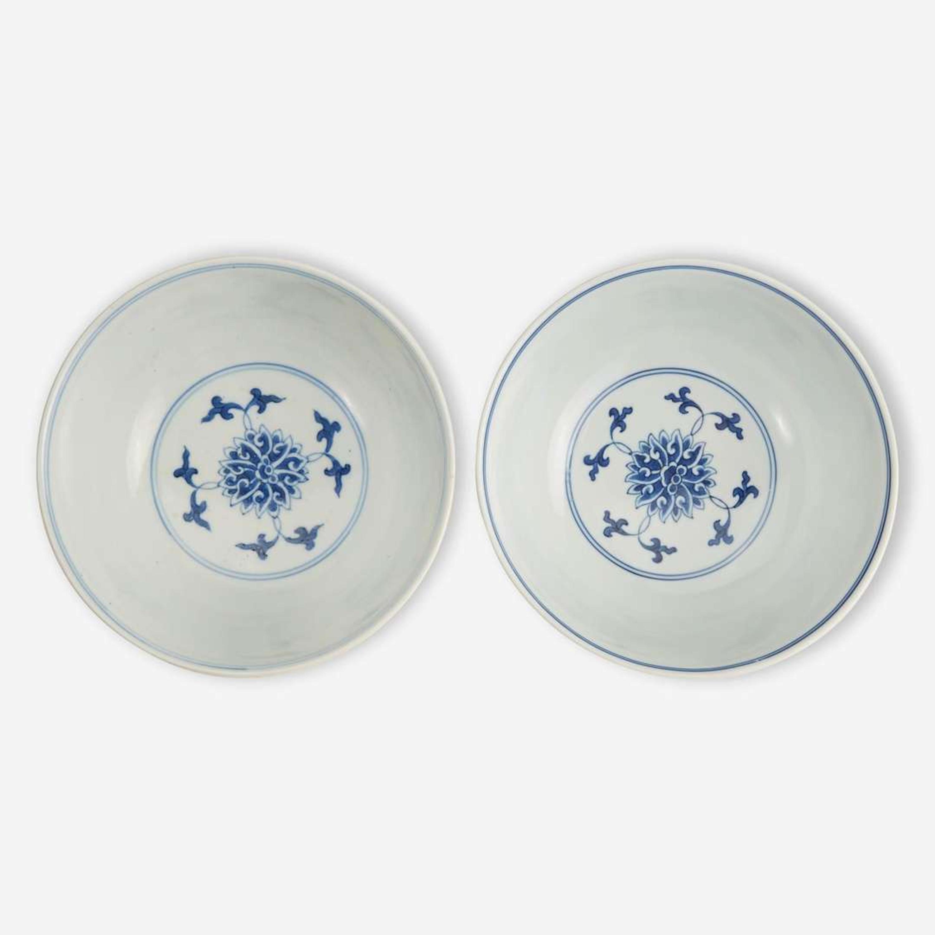 An associated pair of Chinese blue and white porcelain "Lotus" bowls 青花缠枝莲纹碗一对 Daoguang mark and probably of the period ??? ????
