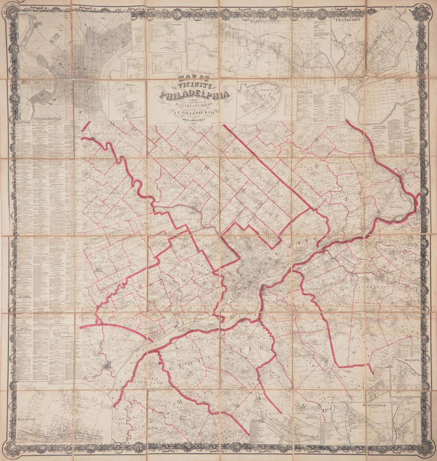[Philadelphia & Pennsylvania] Map of the Vicinity of Philadelphia From actual Surveys by D.J. Lakes and S.N. Beers