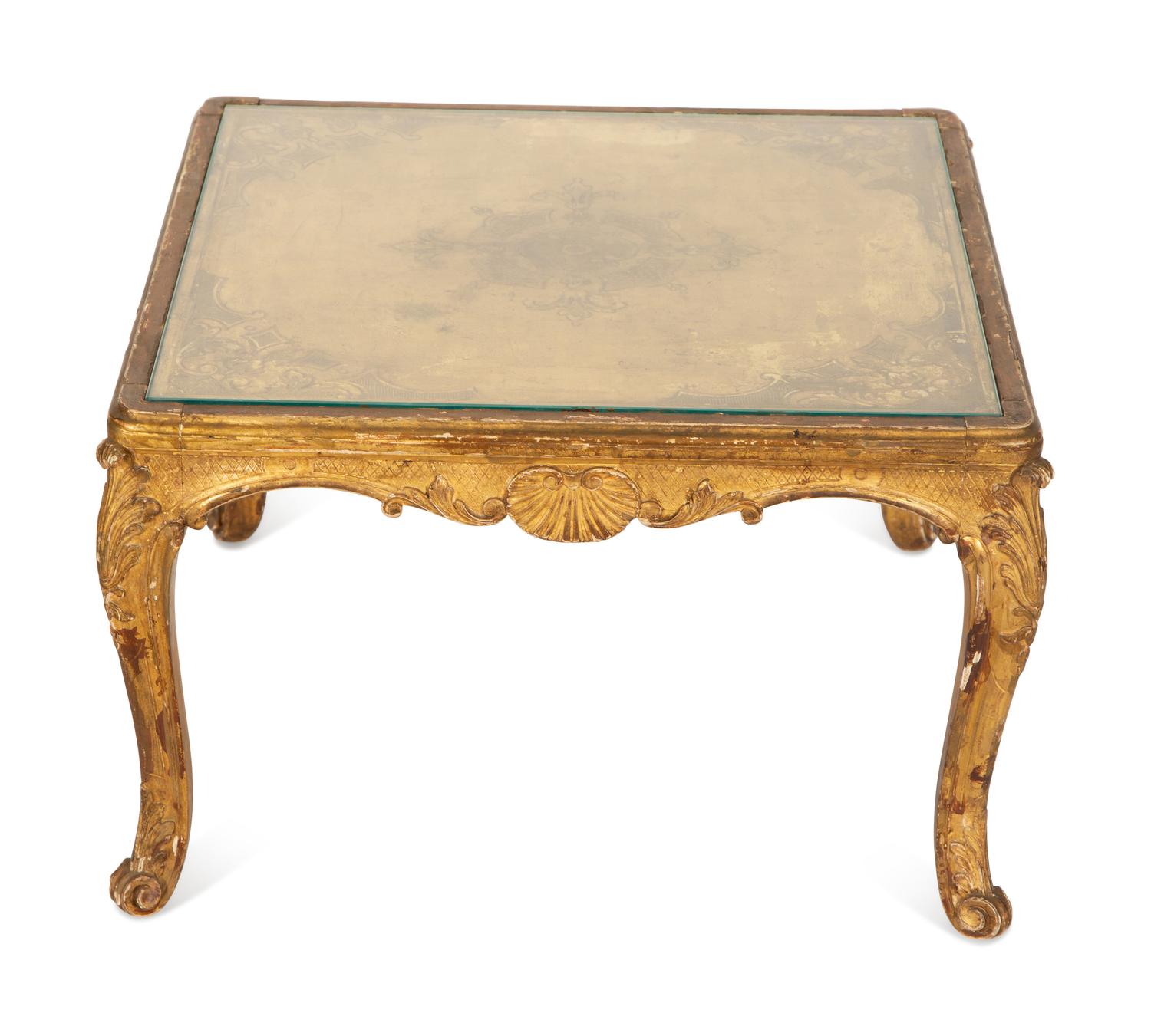 A Louis XVI Style Cane-Top Oval Table and a Louis XV Style Giltwood Square Table