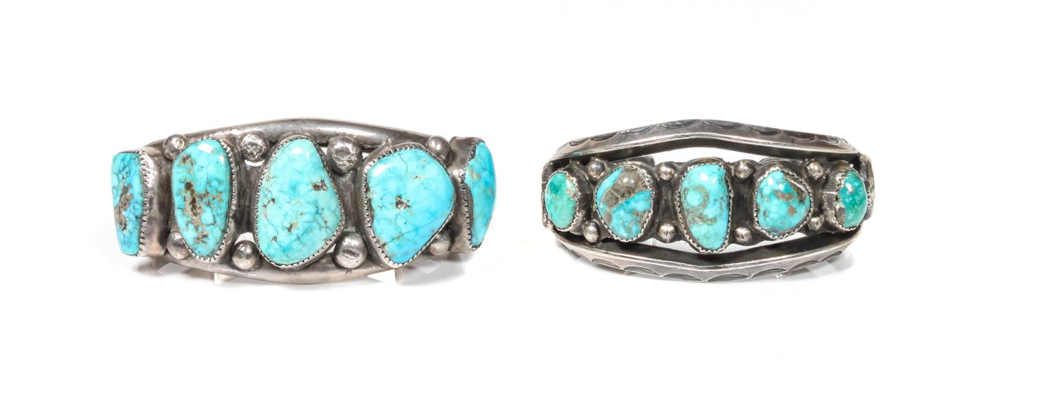 Two Navajo Silver and Turquoise Bracelets Length of one 6 x opening 1 1/8 x width 1 3/8 inches