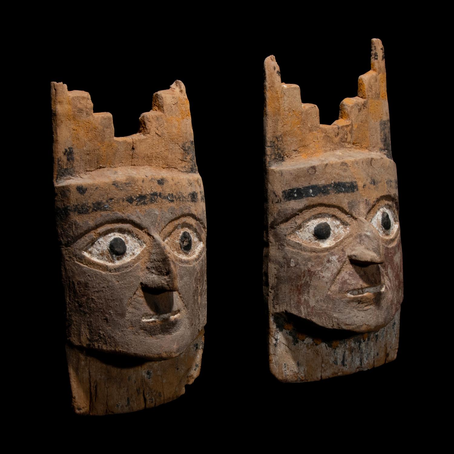 Two Moche Painted Wood Face Plaques