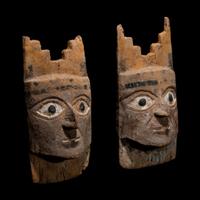 Two Moche Painted Wood Face Plaques