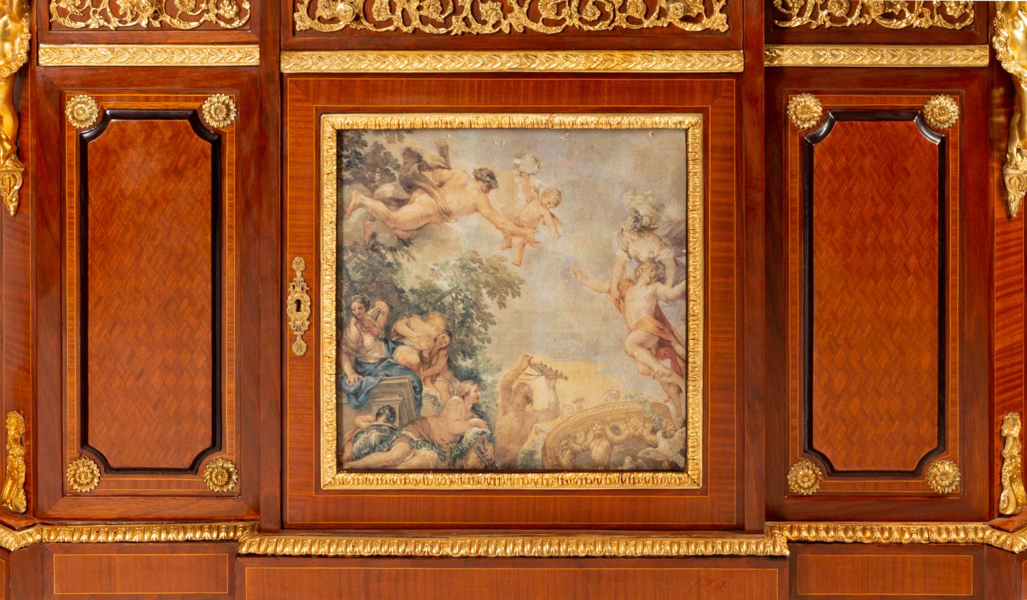 A Pair of Louis XVI Style Gilt Bronze and Porcelain Mounted Marble-Top Cabinets