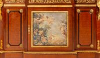 A Pair of Louis XVI Style Gilt Bronze and Porcelain Mounted Marble-Top Cabinets