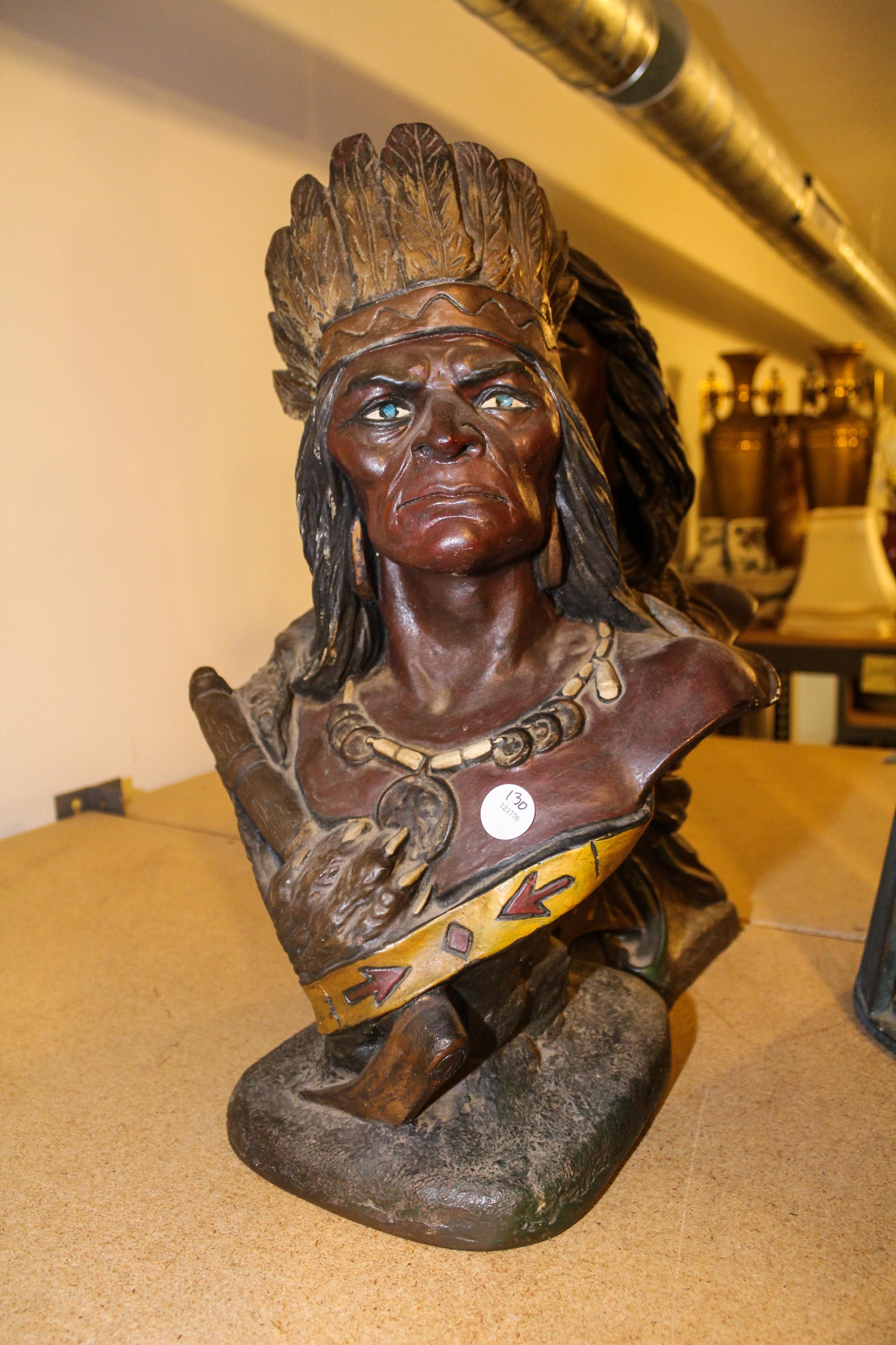 A Plaster Bust of a Native American Chieftain. Height 20 inches.