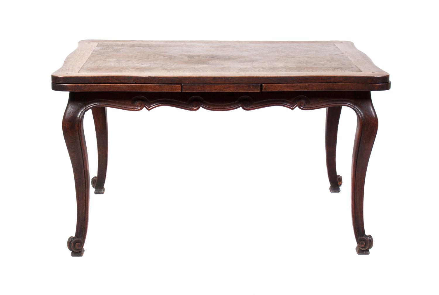 A Louis XV Style Parquetry Extension Table Height 29 1/2 x width 52 x depth 31 inches.