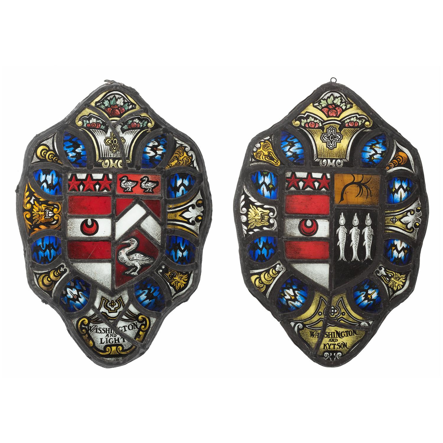 A Pair of Stained Glass 'Marital Alliance' Panels with Washington Family Coat of Arms