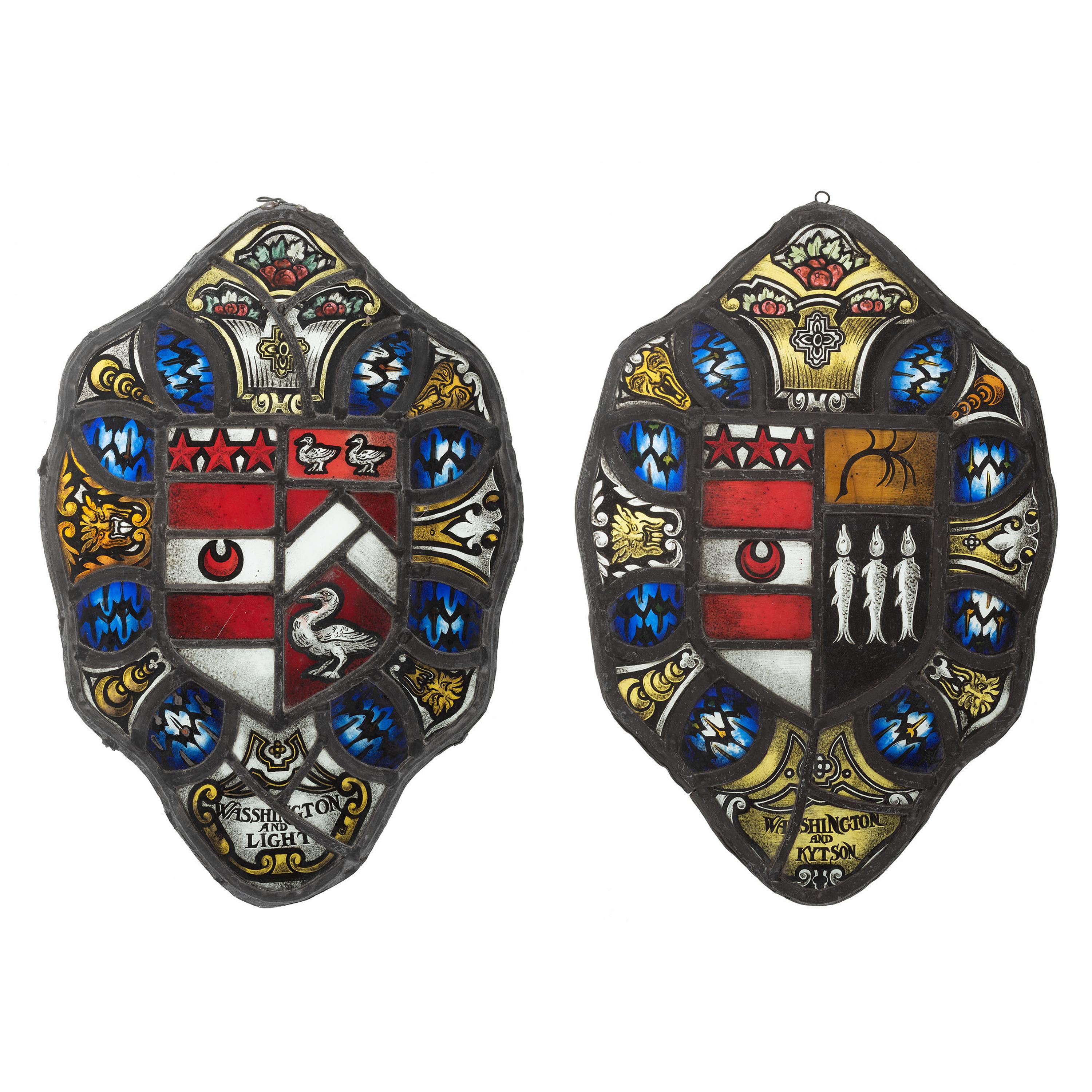 A Pair of Stained Glass 'Marital Alliance' Panels with Washington Family Coat of Arms