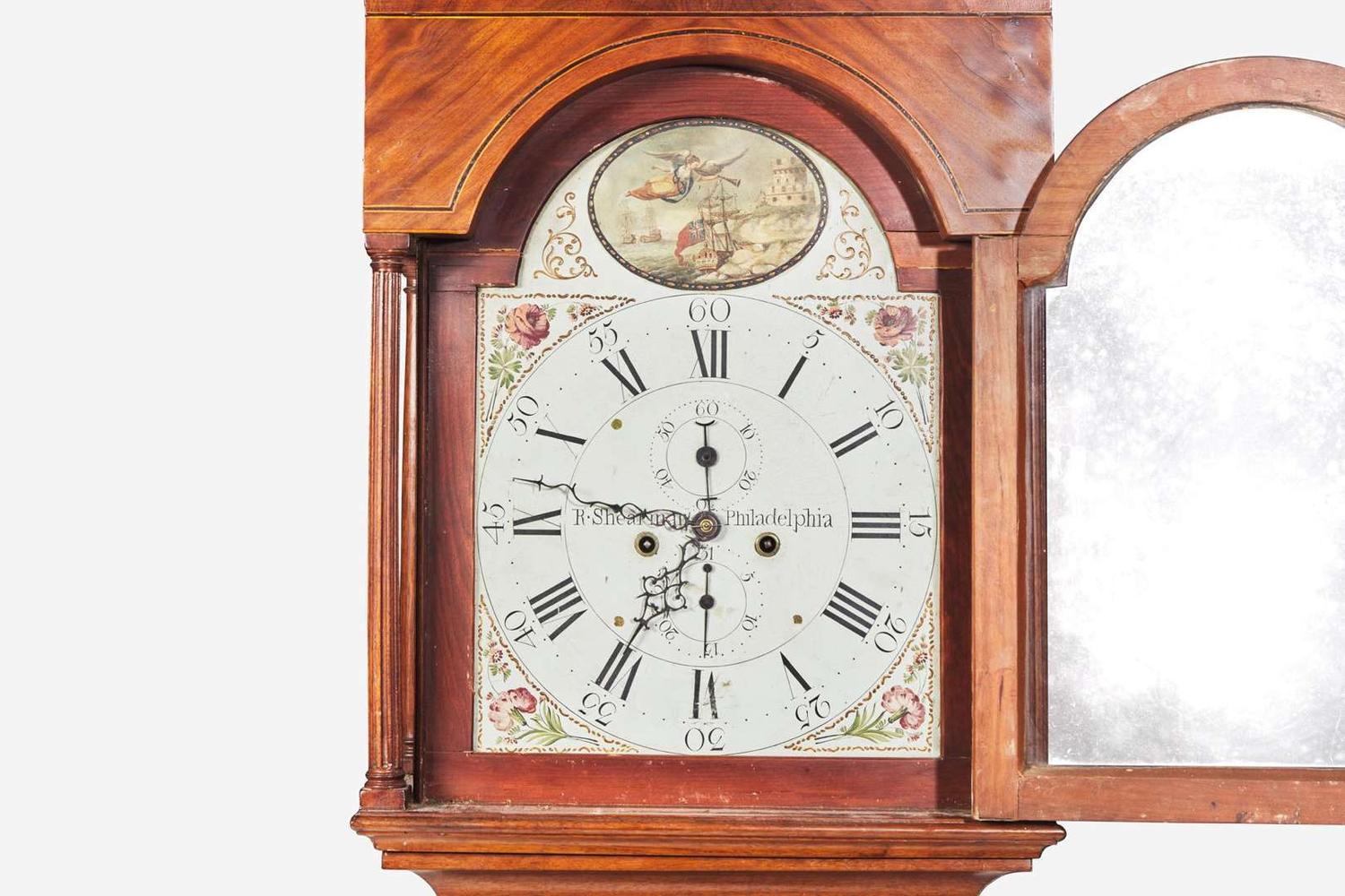 A Federal inlaid mahogany tall case clock, Robert Shearman (active 1799-1804), Philadelphia, PA, circa 1800