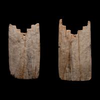 Two Moche Painted Wood Face Plaques