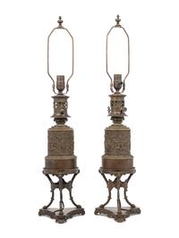 A Pair of French Bronze Fluid Lamps Converted to Electricity