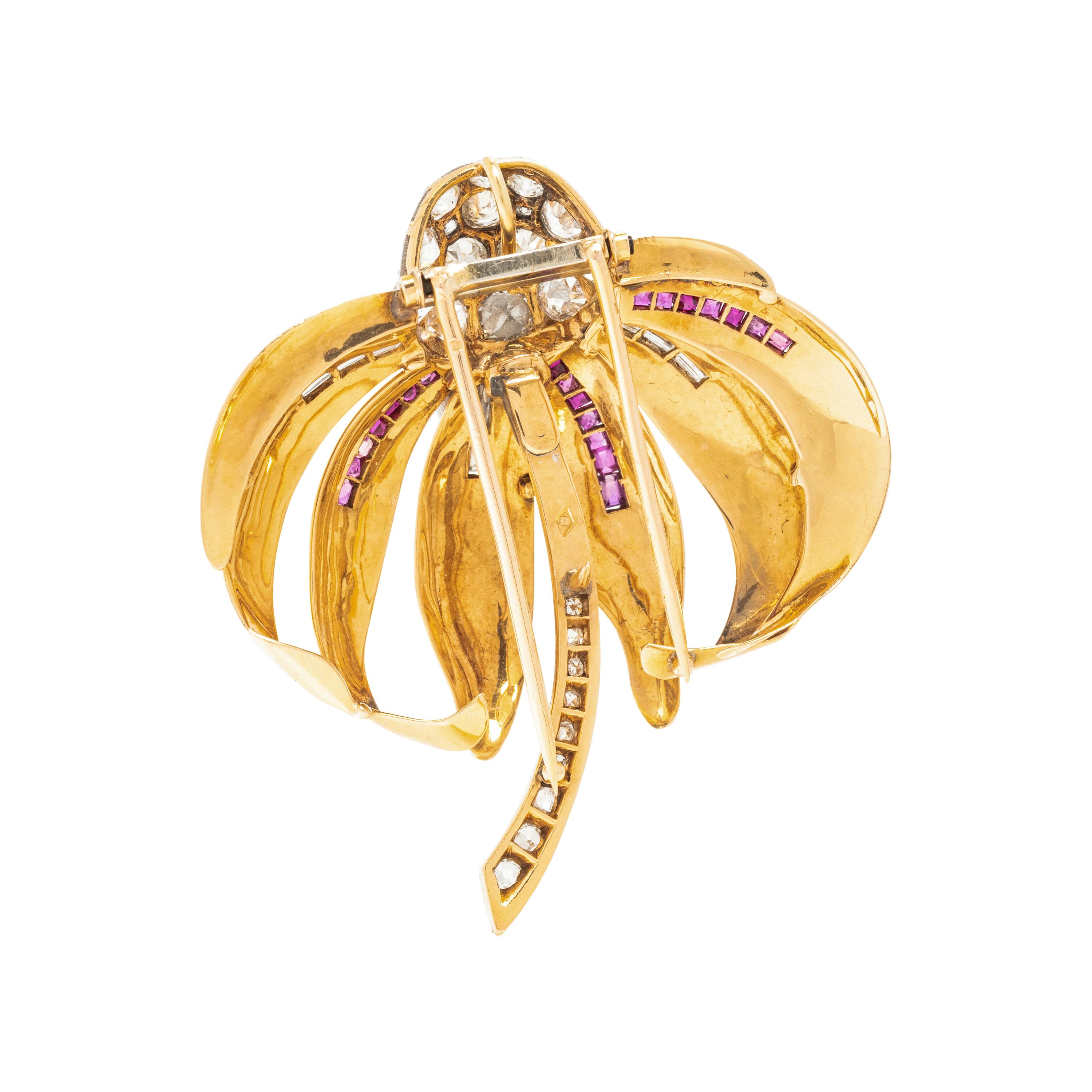FRENCH, DIAMOND AND RUBY FLOWER PENDANT/BROOCH