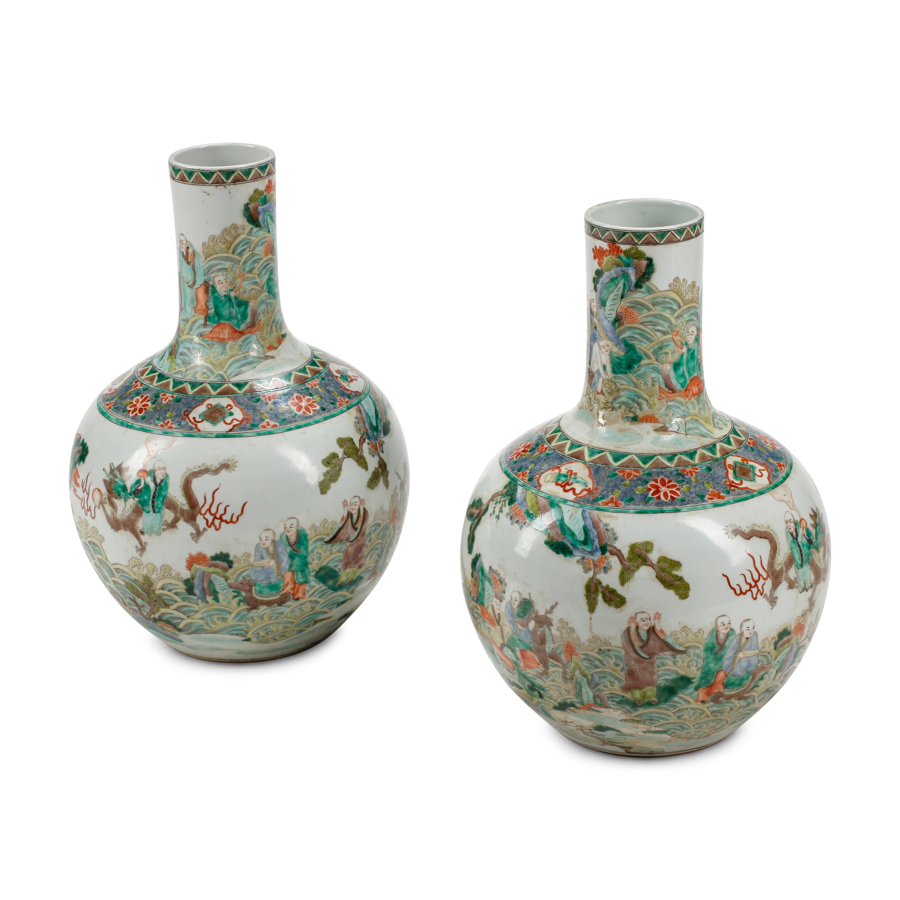 A Pair of Chinese Porcelain and Polychrome Decorated Vases