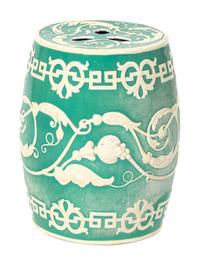 An English Green and Ivory Glazed Ceramic Garden Seat Height 19 1/2 inches. — 20TH CENTURY