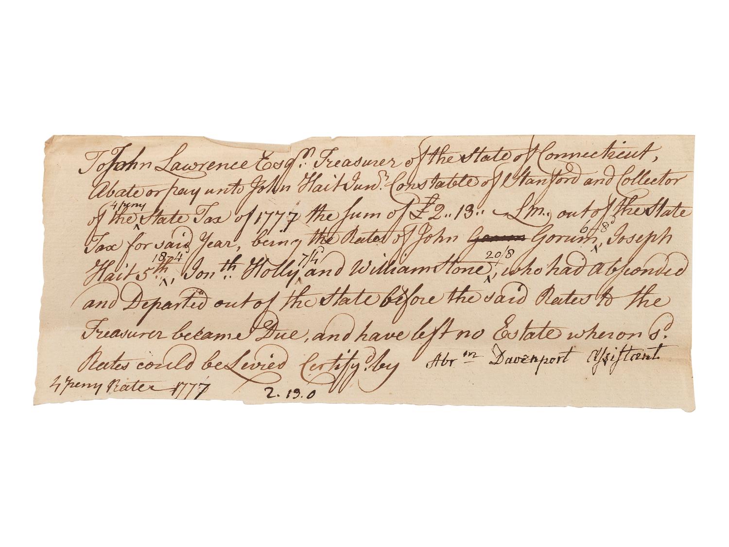 [REVOLUTIONARY WAR]. Documents related to payment of Connecticut soldiers.