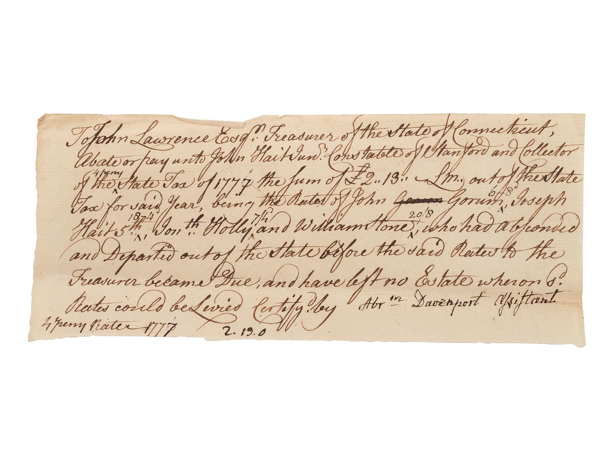 [REVOLUTIONARY WAR]. Documents related to payment of Connecticut soldiers.