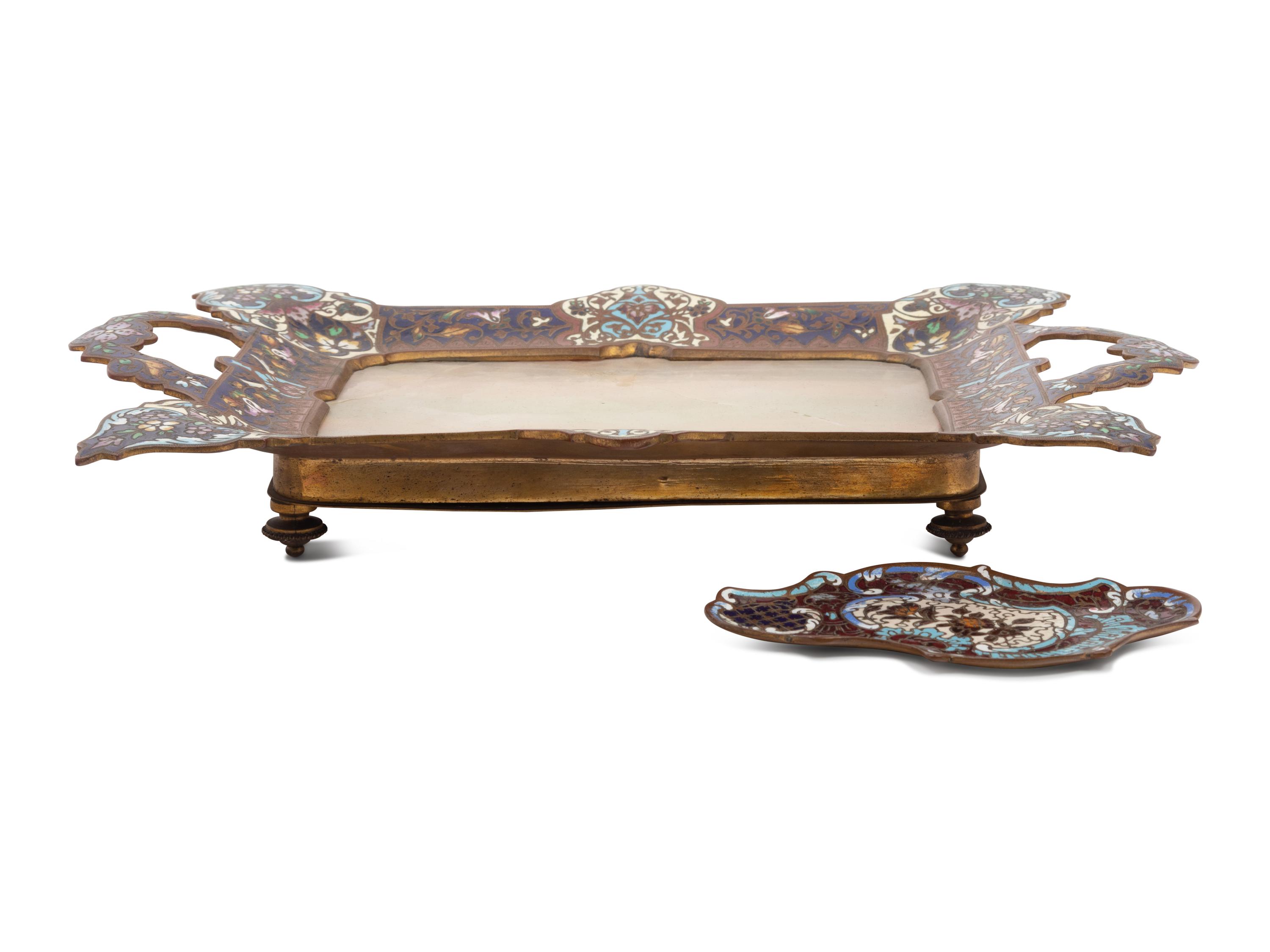 A French Gilt Bronze, Onyx and Champlevé Enamel Card Tray
