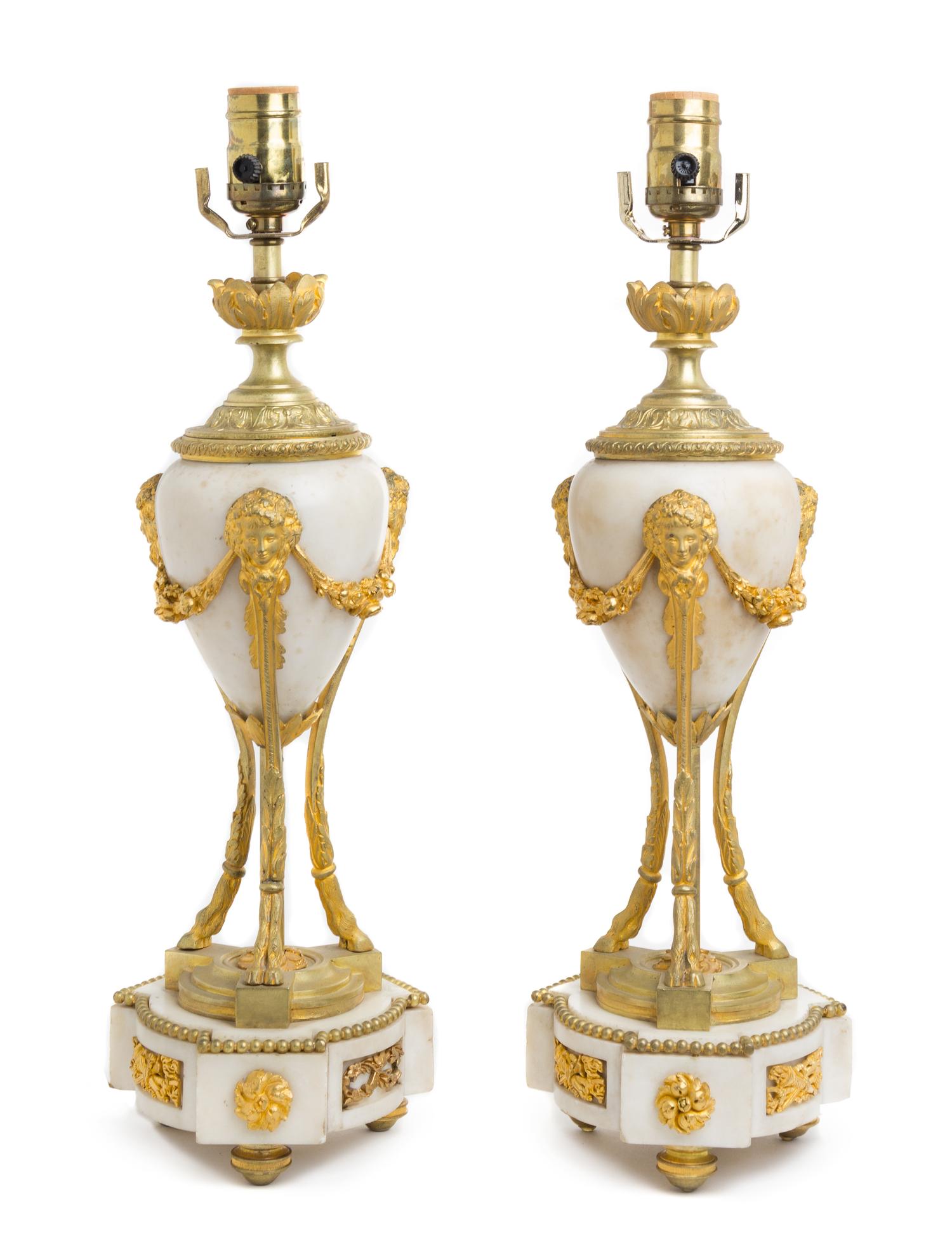 A Pair of Louis XVI Style Marble and Gilt Bronze Cassolettes Height 13 3/4 inches. — 19TH CENTURY