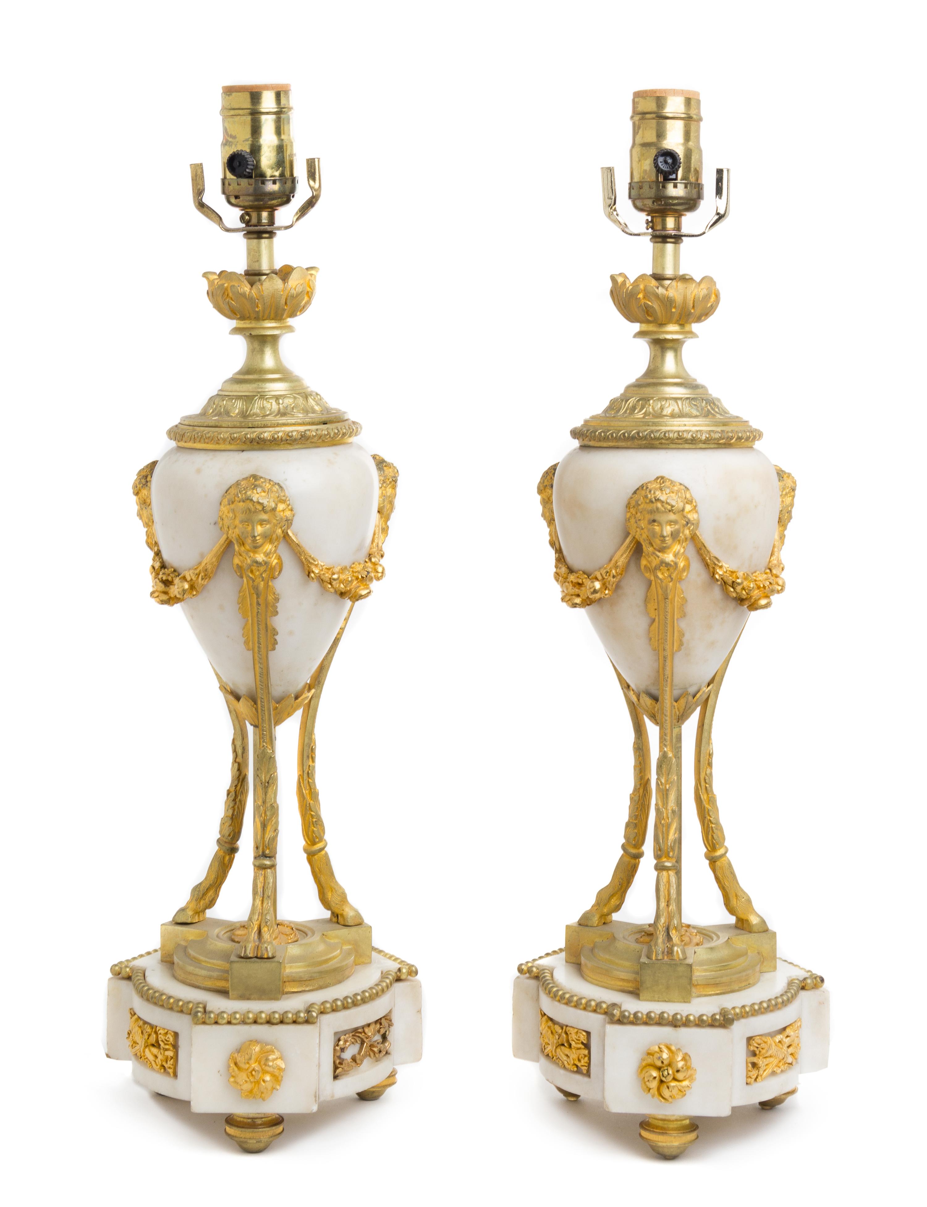 A Pair of Louis XVI Style Marble and Gilt Bronze Cassolettes Height 13 3/4 inches. — 19TH CENTURY