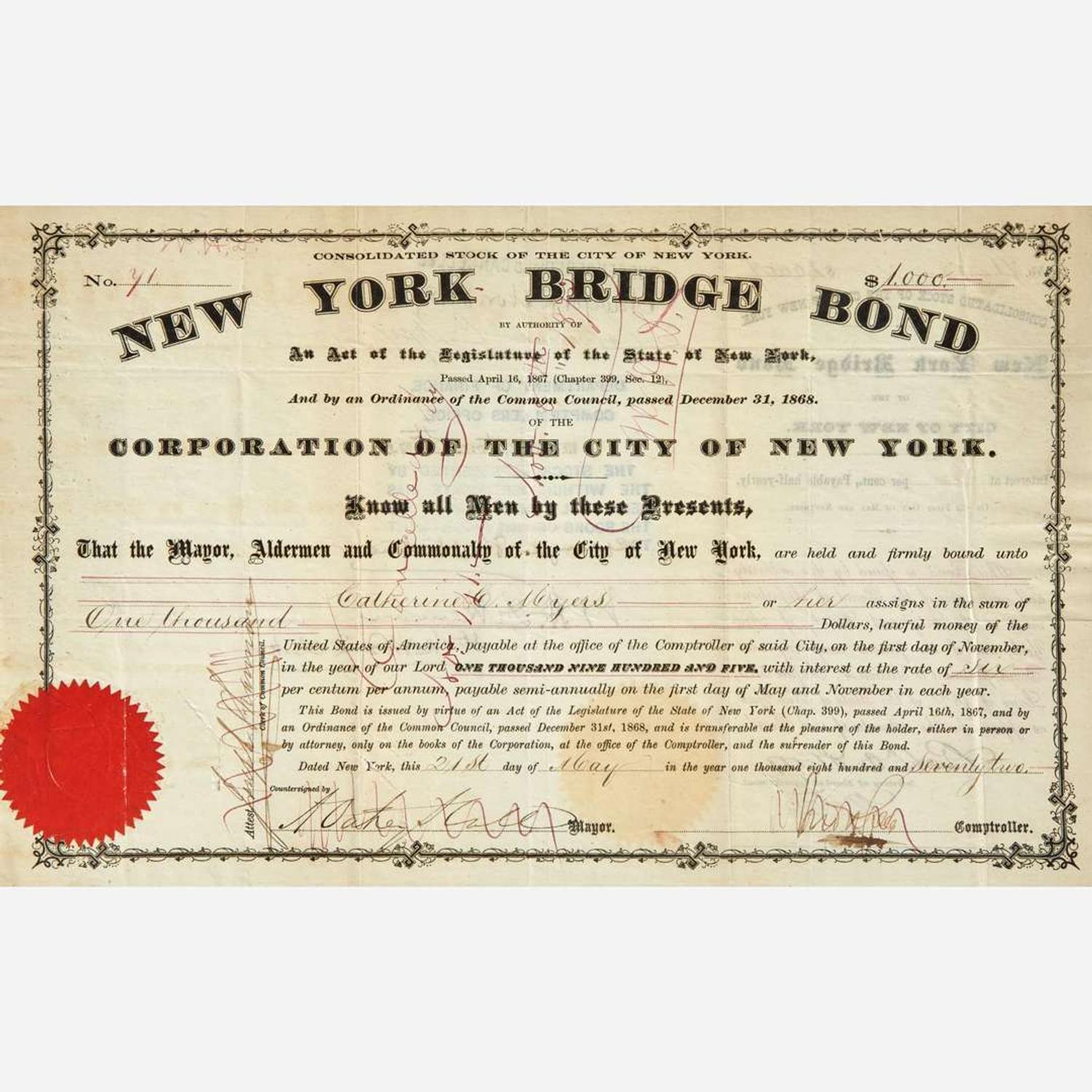 [New York] [Brooklyn Bridge, The] New York Bridge Bond…Corporation of the City of New York...
