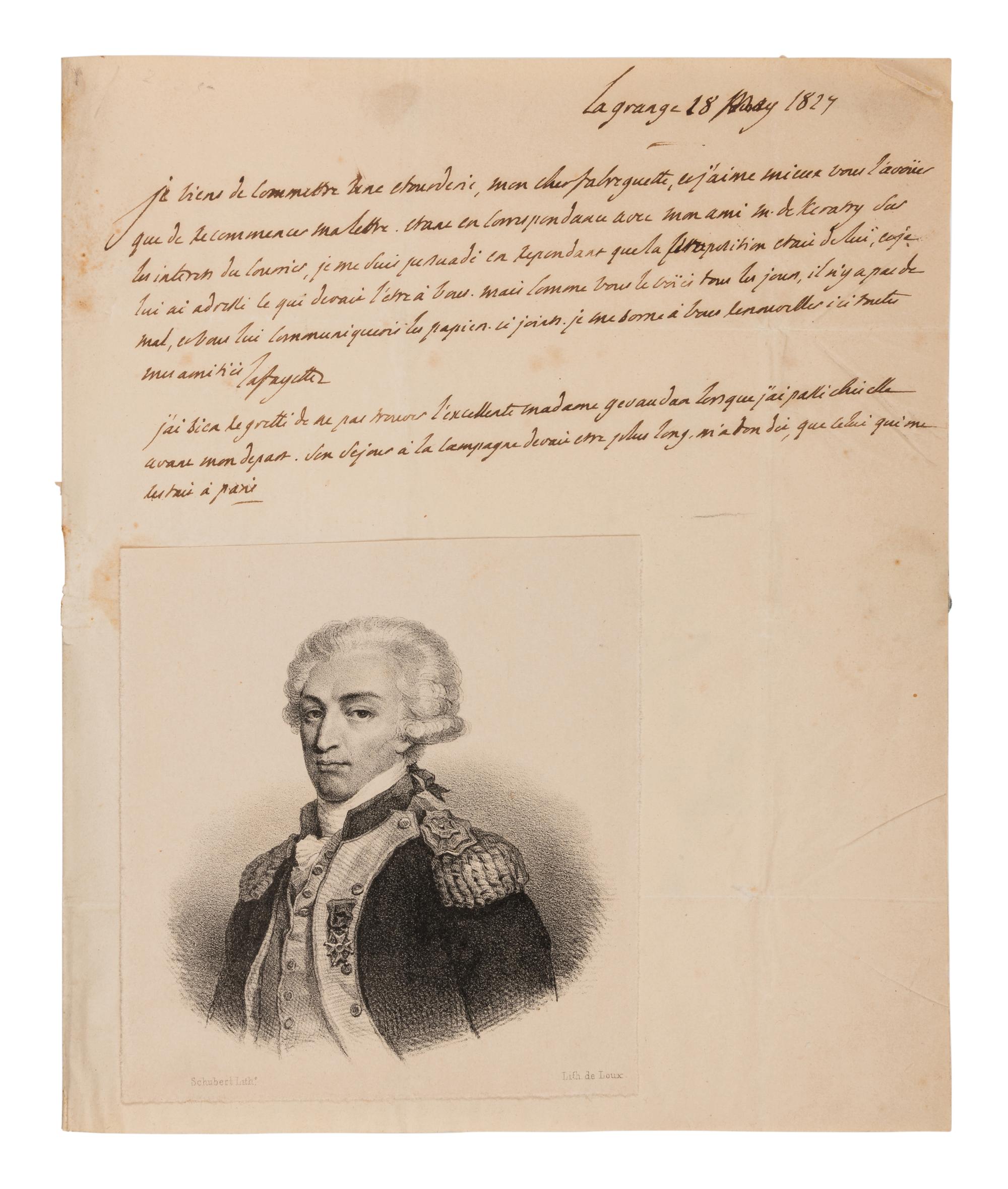 [ENGLISH & CONTINENTAL MANUSCRIPTS]. LAFAYETTE, Marie Joseph Paul Yves Roch Gilbert du Motier, Marquis de (1757-1834). Autograph letter signed ("Lafayette") to "Monsieur Fabreguette" dated 18 May 1827.