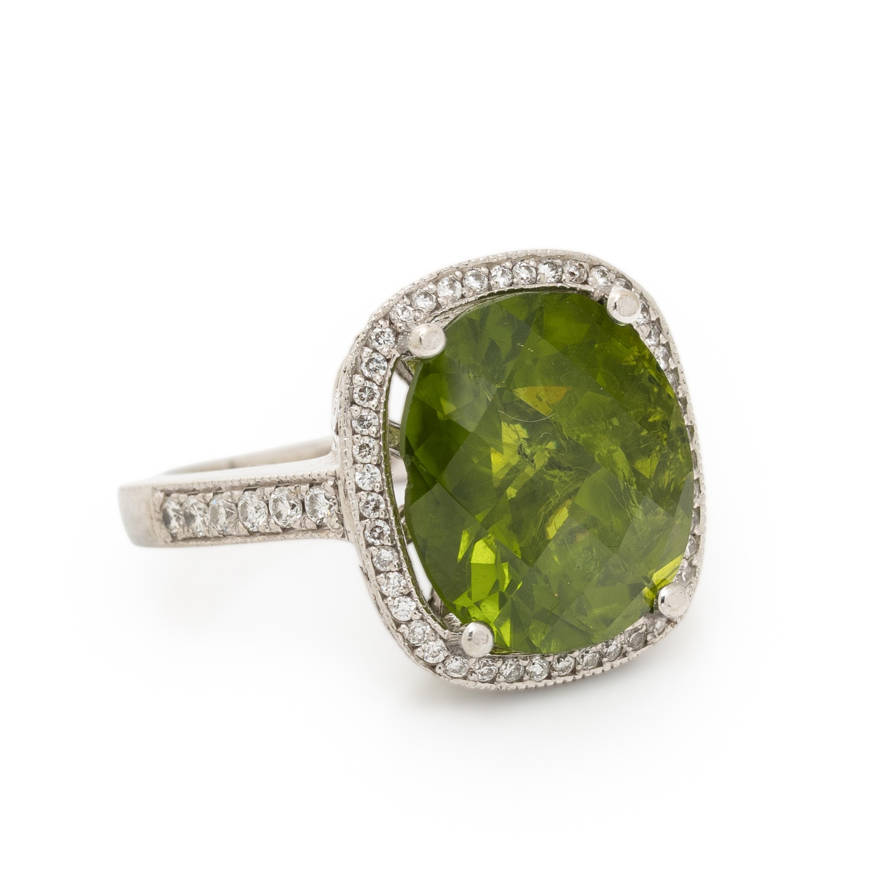 Peridot, Diamond, and White Gold Ring