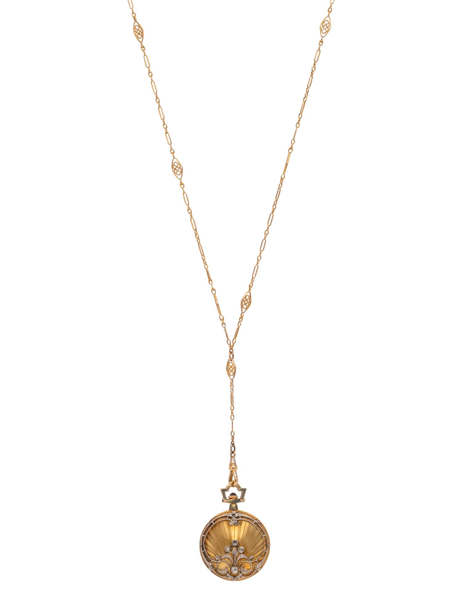 LONGINES, WITTNAUER & CO., 18K YELLOW GOLD, ENAMEL AND DIAMOND POCKET WATCH WITH CHAIN