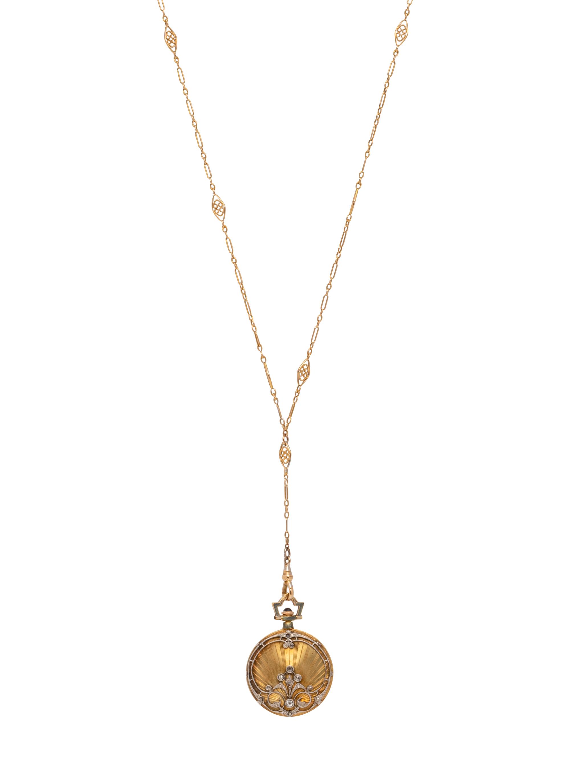 LONGINES, WITTNAUER & CO., 18K YELLOW GOLD, ENAMEL AND DIAMOND POCKET WATCH WITH CHAIN