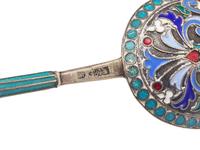 A Russian Silver and Cloisonné Enamel Kovsh and Spoon