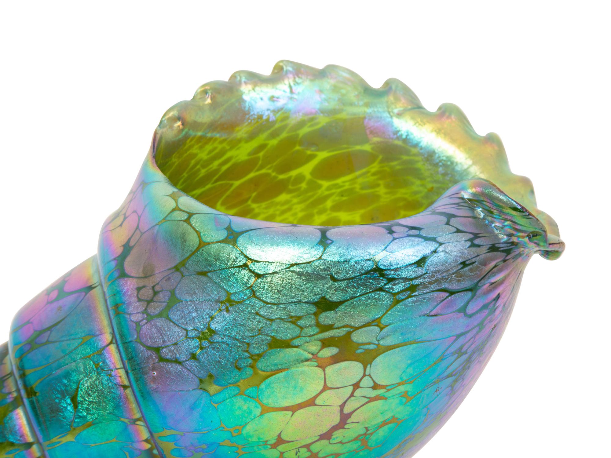 A Loetz Papillon Iridescent Art Glass Conch-Form Vase