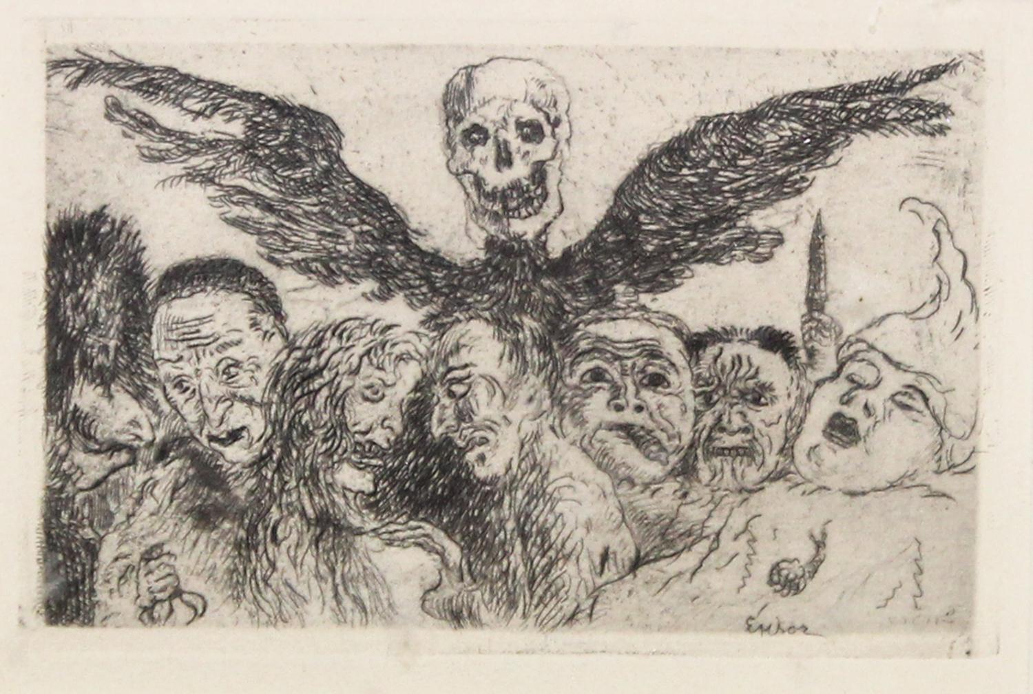 James Ensor, (Belgian, 1860-1949), Winged Skull and Demons