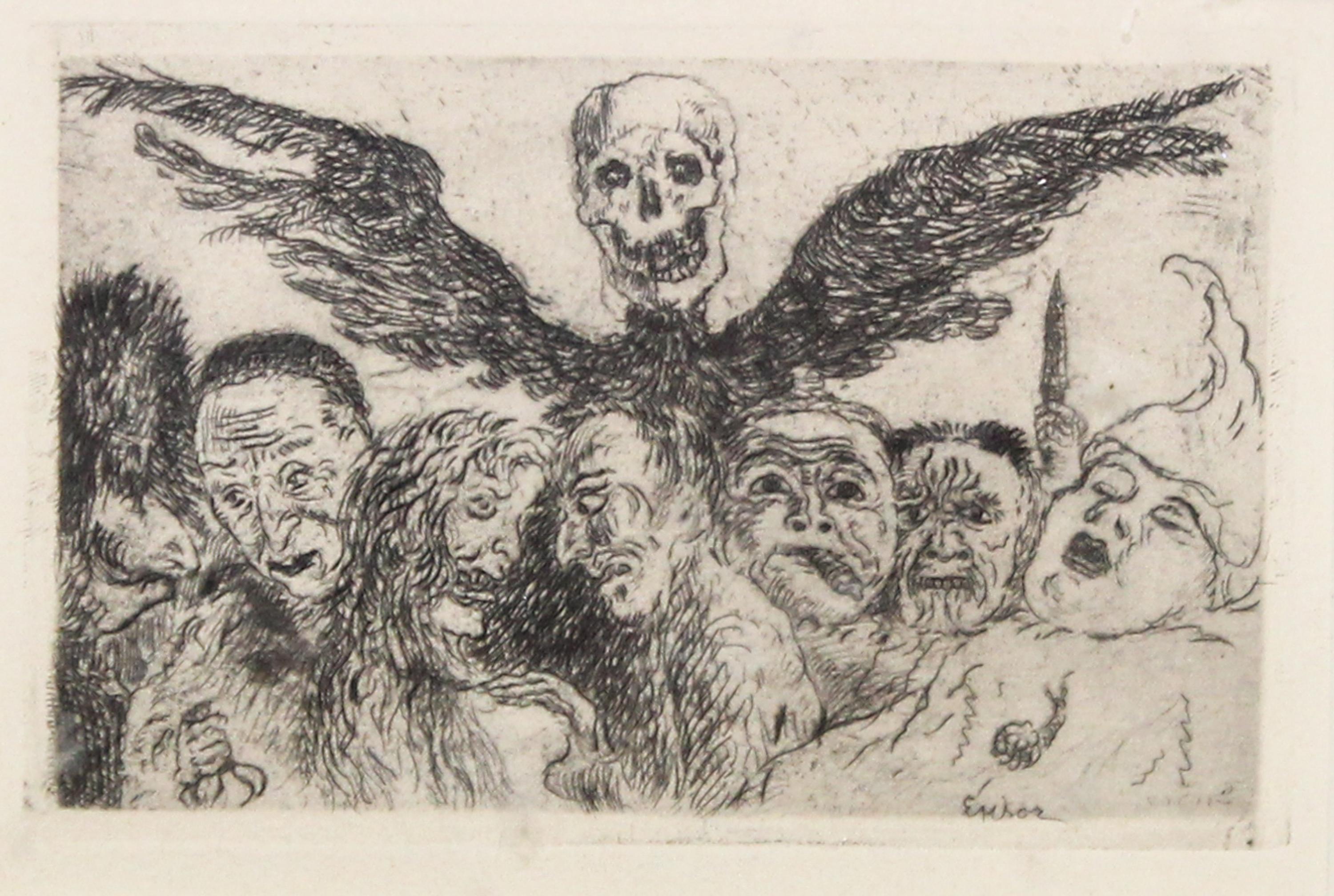 James Ensor, (Belgian, 1860-1949), Winged Skull and Demons
