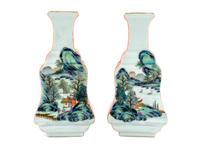 A Pair of Chinese Faux Bois and Famille Rose Porcelain Vases — LATE QING DYNASTY