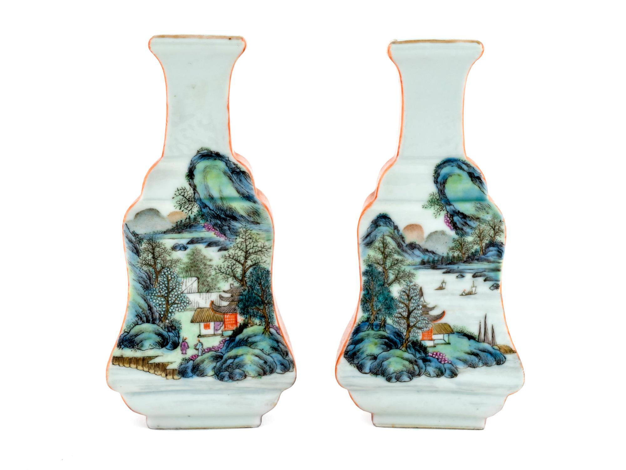 A Pair of Chinese Faux Bois and Famille Rose Porcelain Vases — LATE QING DYNASTY