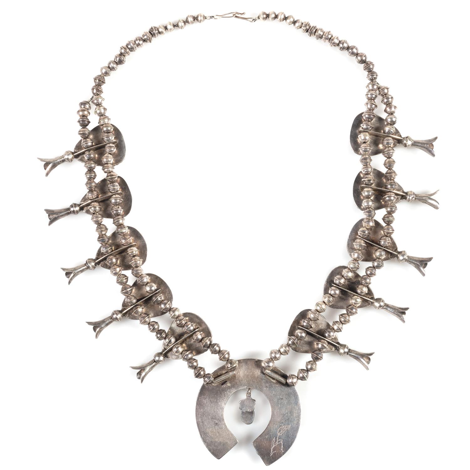 Southwestern-style Silver, Turquoise, and Coral Squash Blossom Necklace