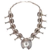 Southwestern-style Silver, Turquoise, and Coral Squash Blossom Necklace