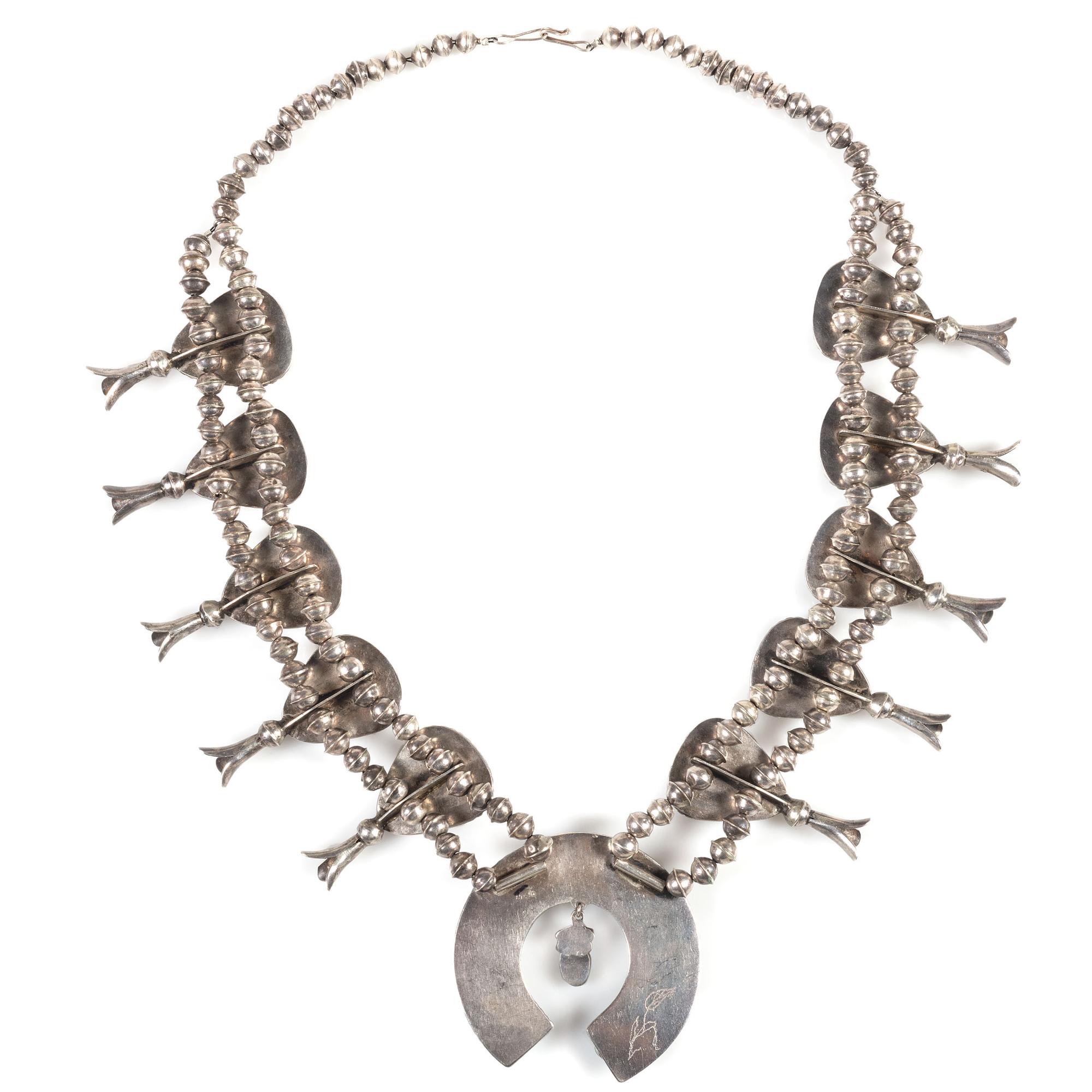 Southwestern-style Silver, Turquoise, and Coral Squash Blossom Necklace