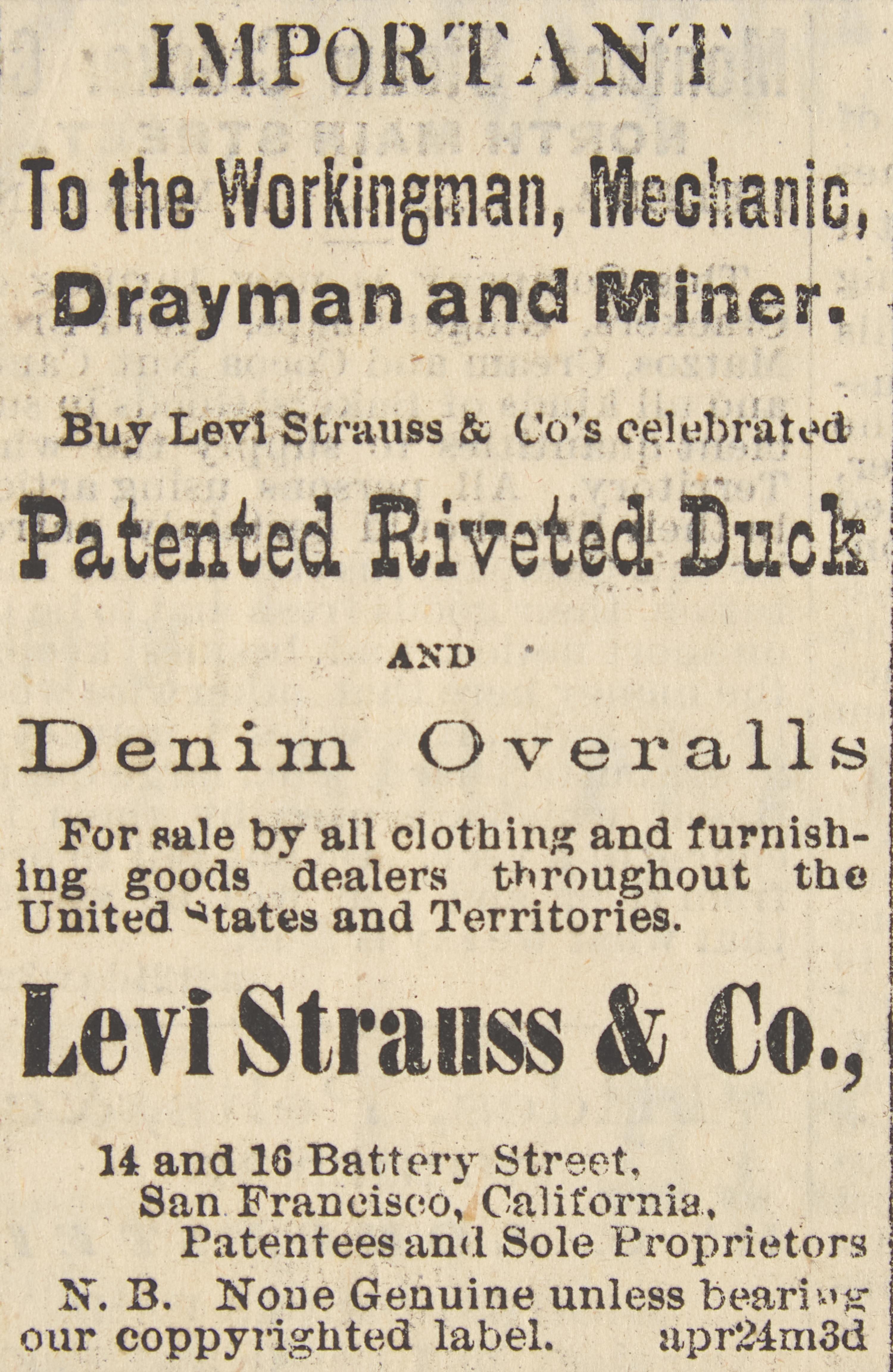 [Strauss, Levi]. The Birth of Iconic American Blue Jeans: The First Ad for Levi Strauss & Co.