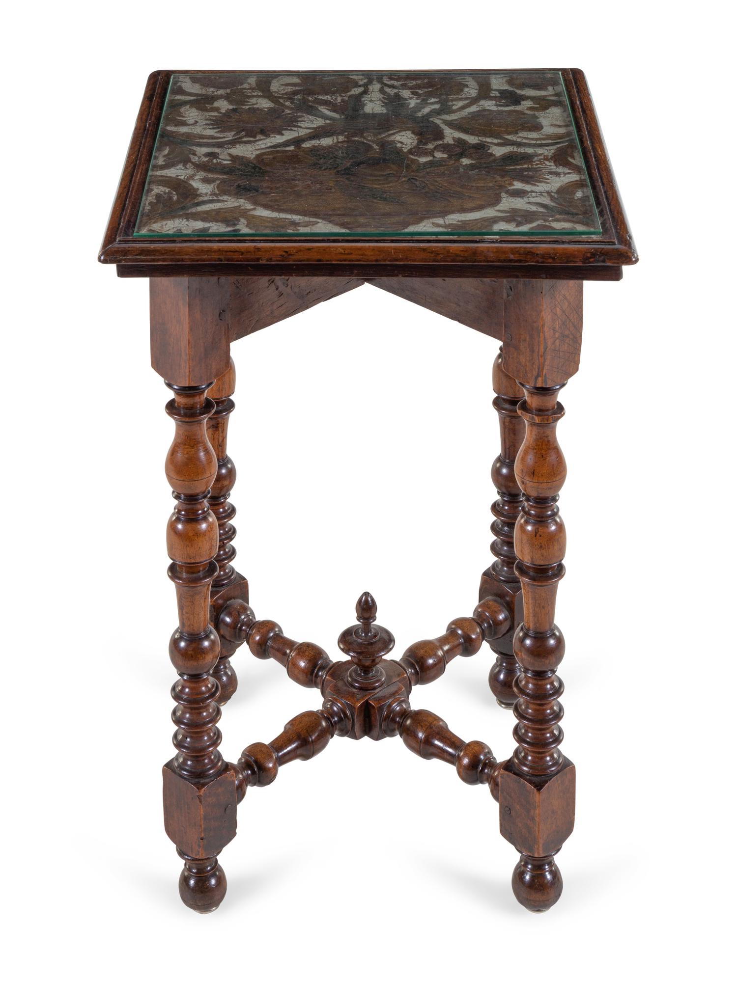 A Dutch Turned Walnut and Tooled Leather Mounted Stand