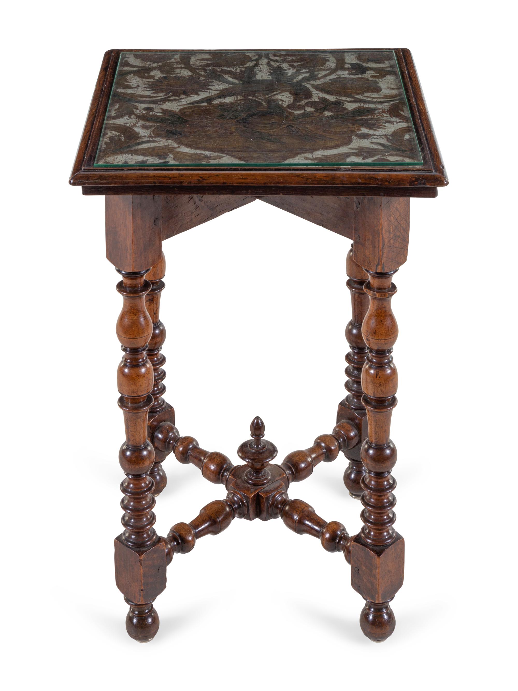 A Dutch Turned Walnut and Tooled Leather Mounted Stand