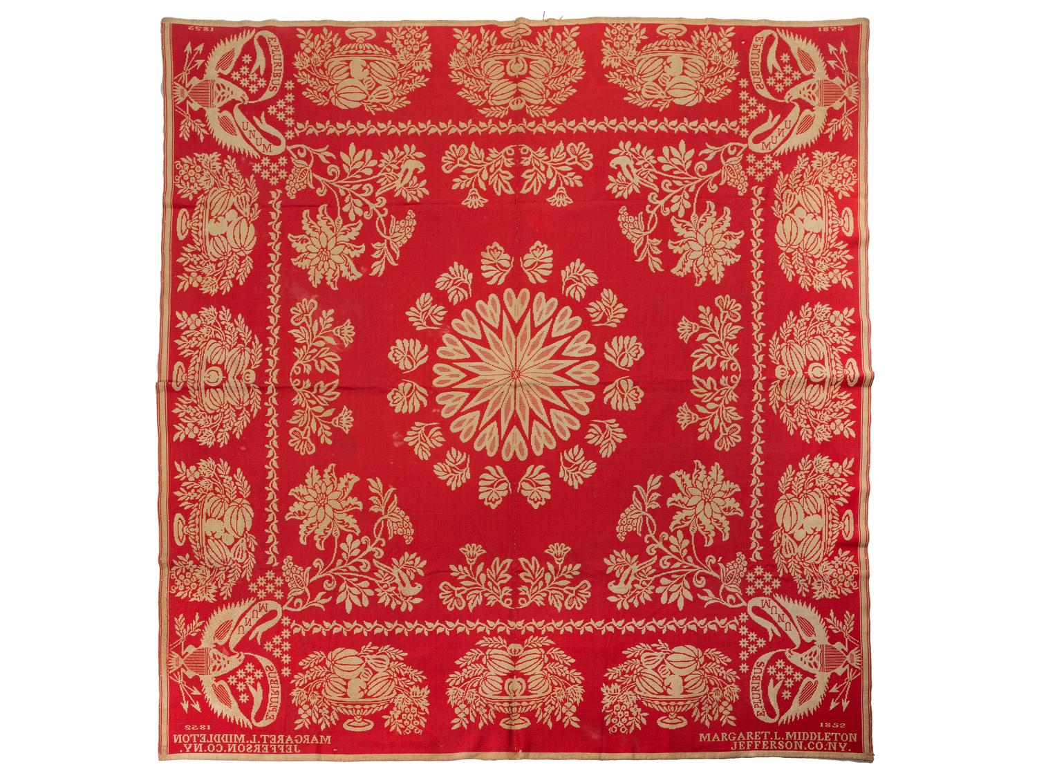 A Red and White Patriotic Jacquard Woven Coverlet