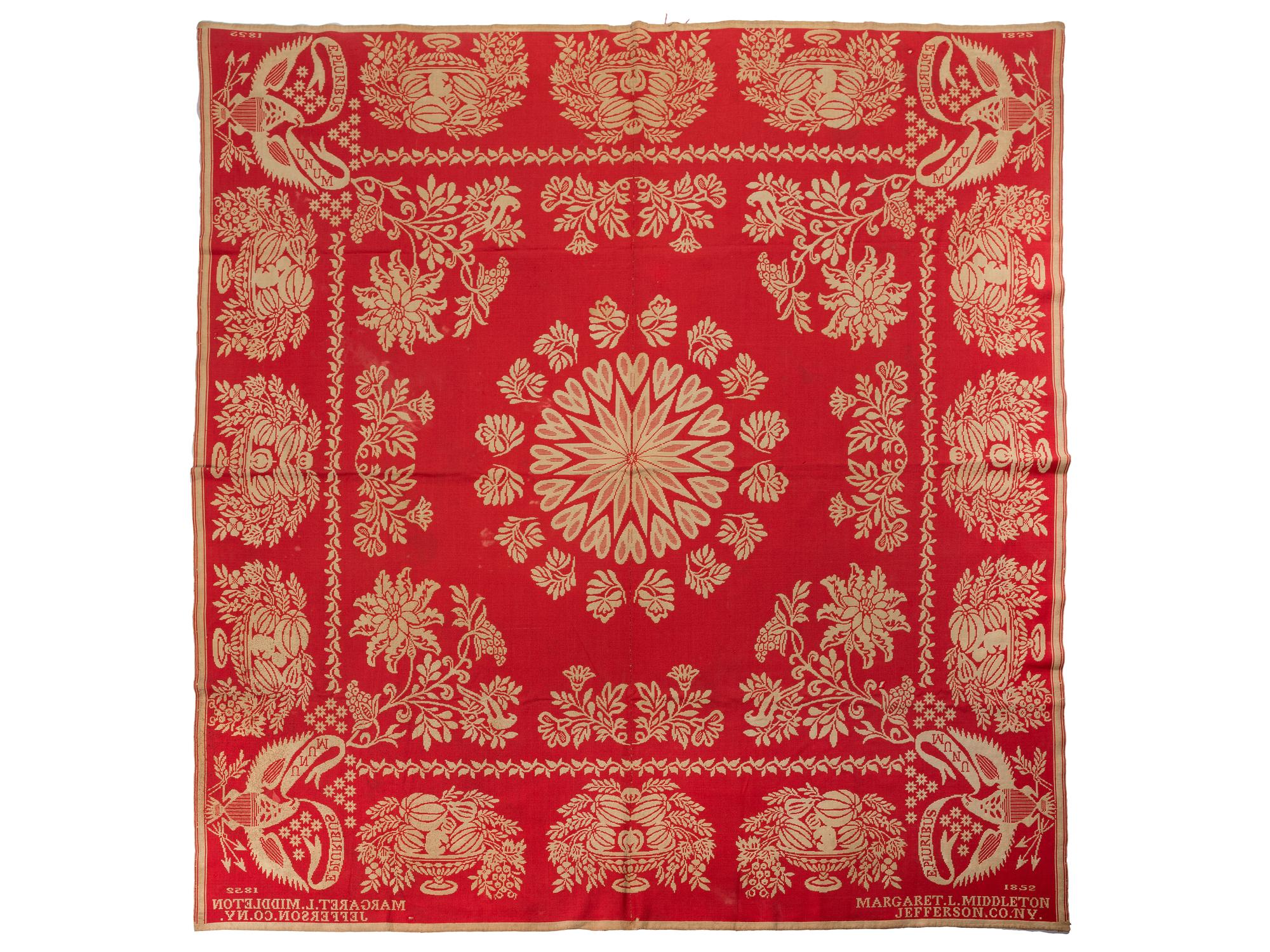 A Red and White Patriotic Jacquard Woven Coverlet