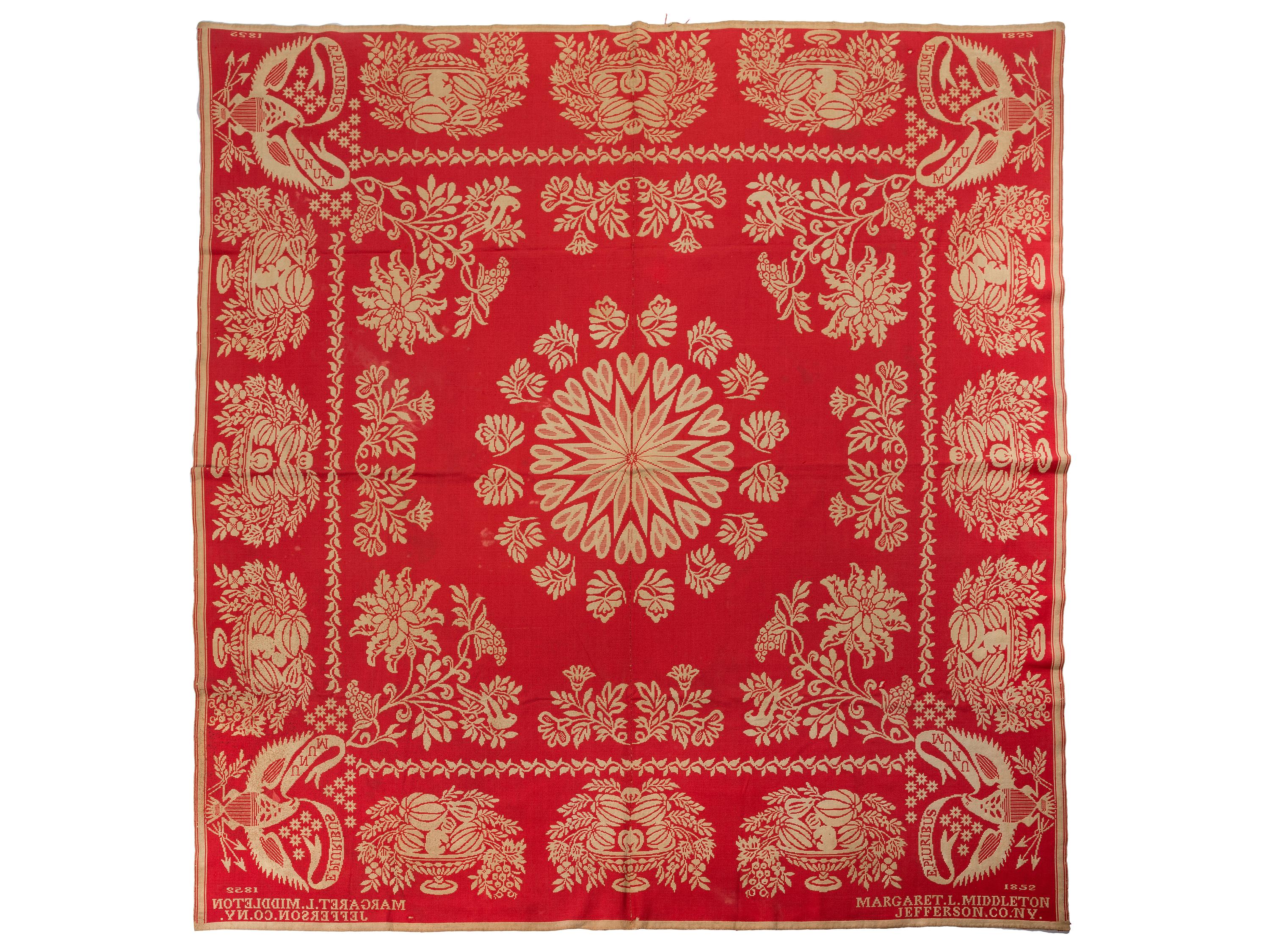 A Red and White Patriotic Jacquard Woven Coverlet