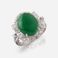 A jadeite jade, diamond, and white gold ring