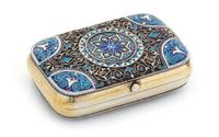 A Russian Enameled Silver Cigarette Case, Mark of Ivan Khlebnikov with imperial warrant, Moscow, 1882, the case worked with foliate and